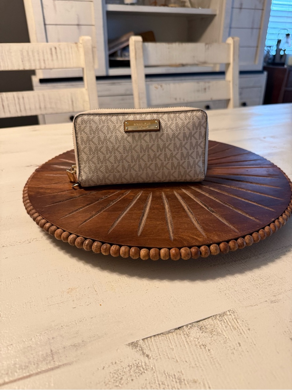 Michael Kors Cream Monogram Zip-Around Wallet with Gold Plate